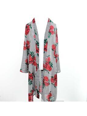 Jorja Floral Long Kimono Red Roses Black Stripes Small Excellent Condition